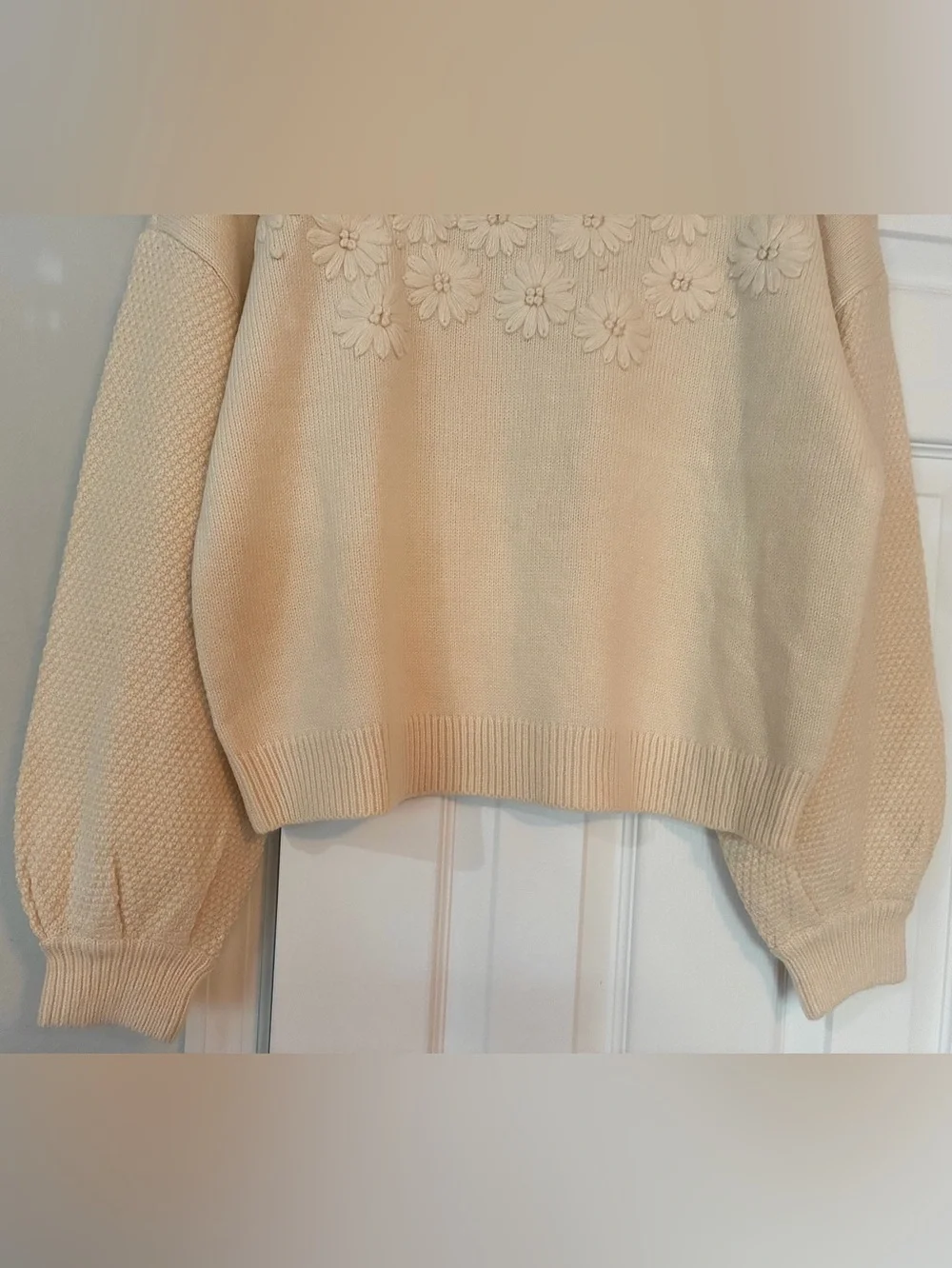 Hyacinth House Cream Crew Neck Sweater. Knit Appliqué Raised Flowers & Dots.EC